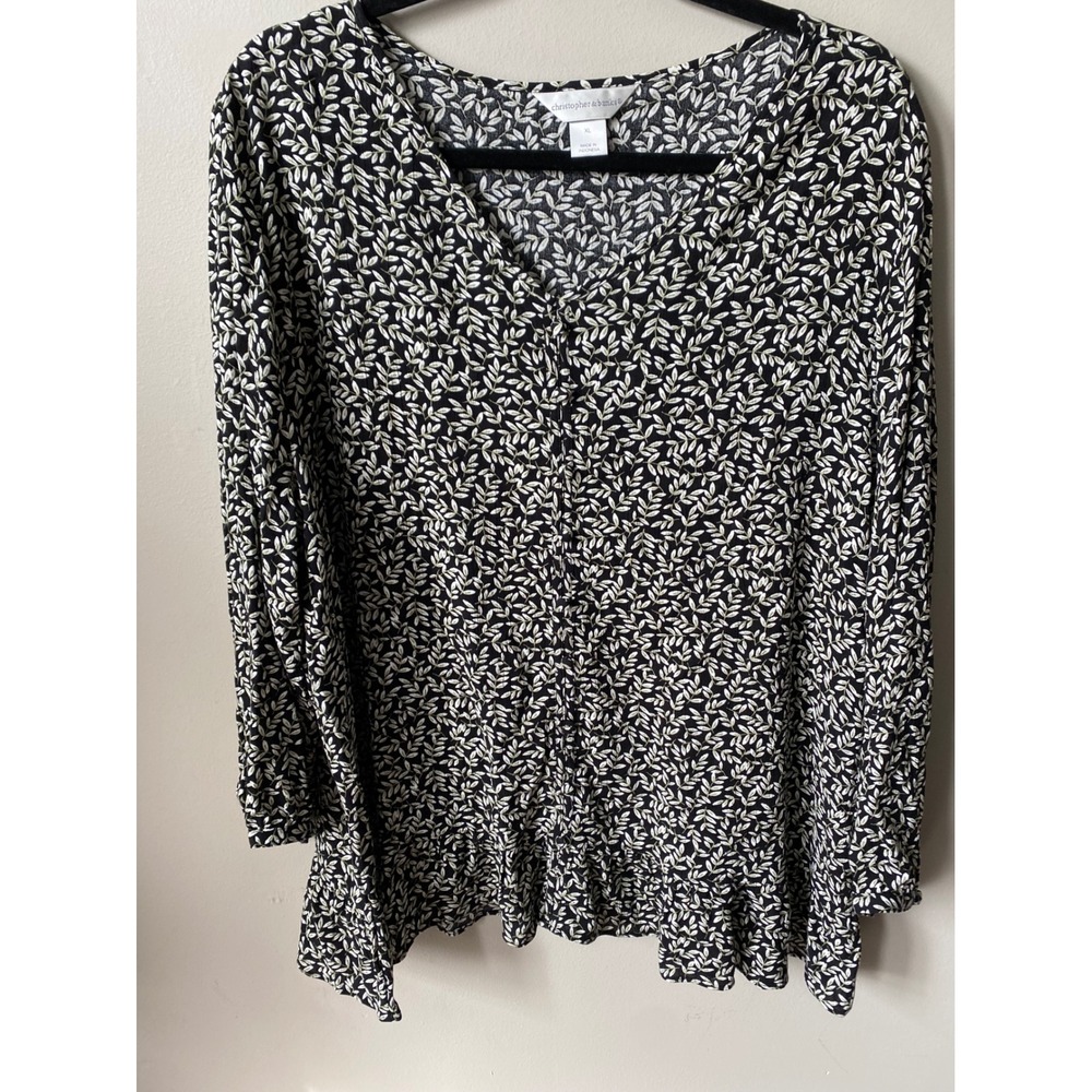 Christopher & Banks Black White Leaf Print V-Neck Ruffle Hem Blouse XL Rayon